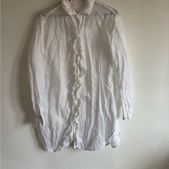 CP Shades Tops - CP Shades White Ruffle-Trim Button Front long Shirt